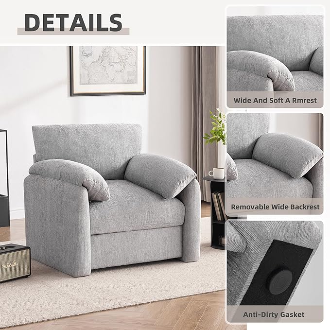 Chenille Oversized Armchair 38.6 Wide Accent Chairs for Living Room &amp Bedroom Modern Lounge Chair Upholstered Mid-Century Reading Chair Comfy Living Room Chair (LightGrey 2Pack)