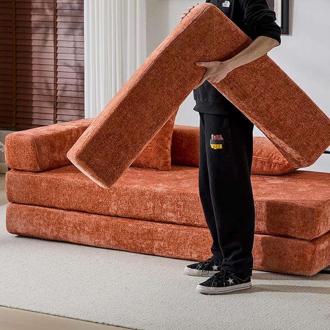 Convertible Couch Sofa Bed Foldable Floor Sleeper | Modern Fold Out Couch | Removable Backrest &amp Armrests | No Assembly Compression Sofa Sleeper for Living Room Bedroom | Orange Chenille