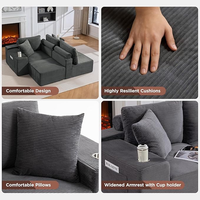 110Modular Sectional Sofa CouchesConvertible L-Shape Cloud Couch 3 Seat Oversized Chaise with OttomanCompressed FoamComfy BonelessSide PocketsCup Holders for Living RoomApartmentCorduroy Grey