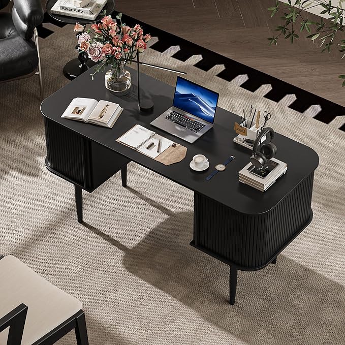 55 Modern Writing Desk with Storage Wood Home Office Desk with Sliding Doors Computer Desk for Home Office Dorm Living Room Home Study Table Black