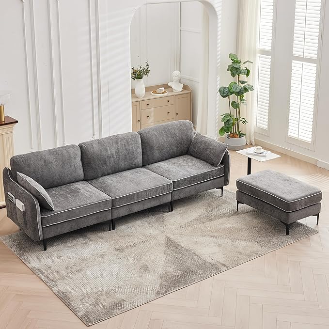 LSSBOUGHT 110 Sectional SofaL Shaped Sofa with Movable Ottoman Chenille Fabric 3 Seat Modern Couches for Living Room Apartment and Small Space (Gray)