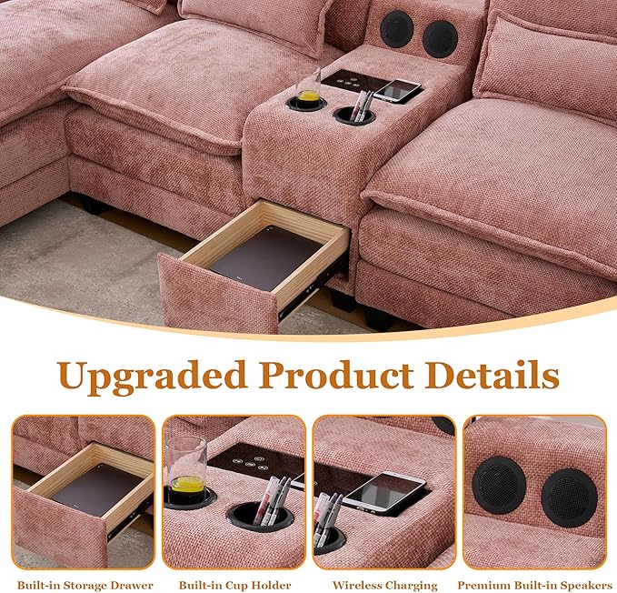 126 Modular Sectional Sofa with Storage Console Cloud Couch Chenille U-Shaped Sofa Cup Holders &amp Wireless Charger Memory Foam Double Chaise for Living Room Office Pink