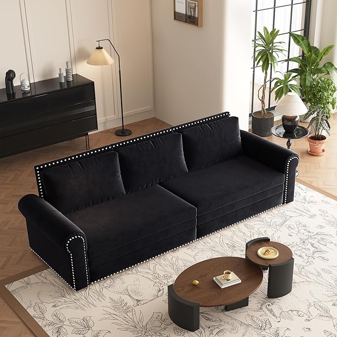 93.7 King Size Pull Out Sofa Bed with Waist Pillows 3 in 1 Convertible Sleeper Sofa Bed Couch Velvet 3-Seater Chesterfield Sofa with Nailhead Trim for Living Room Black
