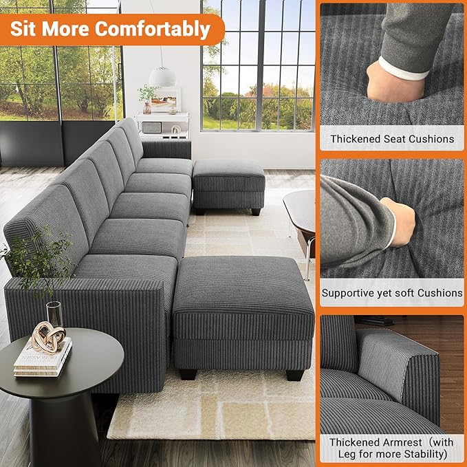140 Large u Shaped Couch Oversized Modular Sectional Sofa with Storage Ottoman 7-Seater Comfy Combination Sofa Deep Seat Couches for Living Room Corduroy Grey