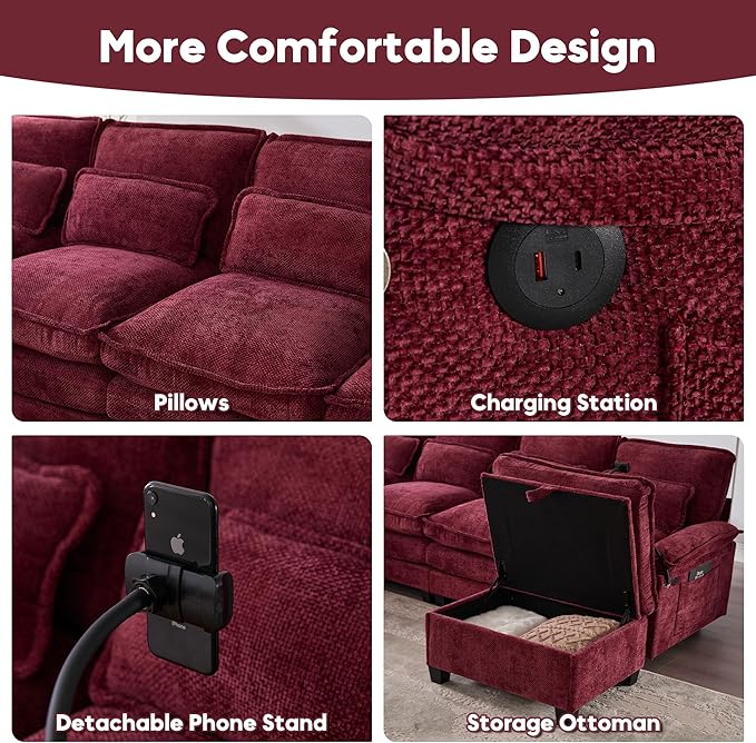 U Shaped Modern Sofa Modular Sectional Cloud Couch with Storage Ottoman Upholstery Chenille Deep Seat Sofa with Charging Port for Living Room Reversible Chaise Lounge Wine Red