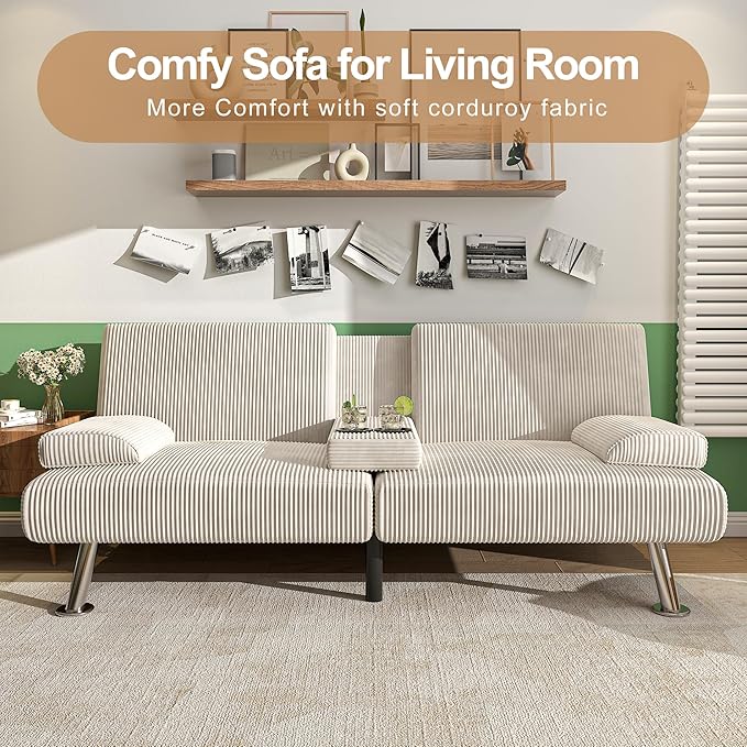 Shahoo Modern Upholstered Convertible Folding Futon Sofa Bed with Removable Armrests Metal Legs 2 Cup Holders for Living Room Beige