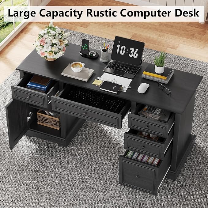 Vipbear 60 Farmhouse Executive Desk with Drawers and Cabinet Embossed Texture Wood Home Office Desk Rustic Computer Writing Desk Workspace for Work Study Writing Black