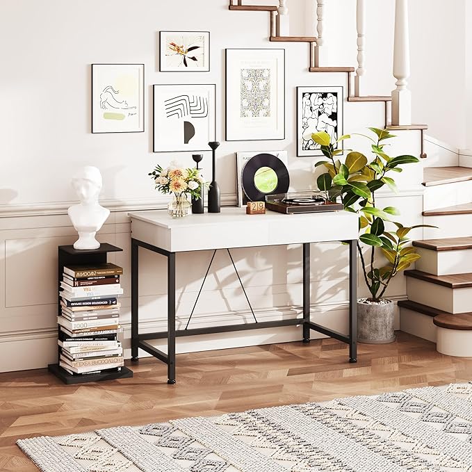 Mexin Small White Desk with 2 Wooden Drawers 40 Inch Home Office Writing Desk White Vanity Desk with Storage Computer Desk for Bedroom Small Spaces Table for Office Work Kids Study Makeup