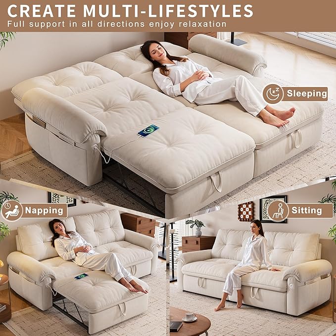 77 Queen Size Sofa Bed Loveseat Sleeper Sofa with Pull Out Bed Pockets and USB Velvet Fabric 2 Seater Convertible Small Couch for Living Room Bedroom Apartment Beige