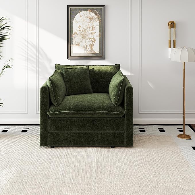 Aoowow Single Deep Seat Sofa Comfy Chenille CouchModern Upholstered Accent Armchair with Pillow for Living Room Bedroom Apartment(Green)