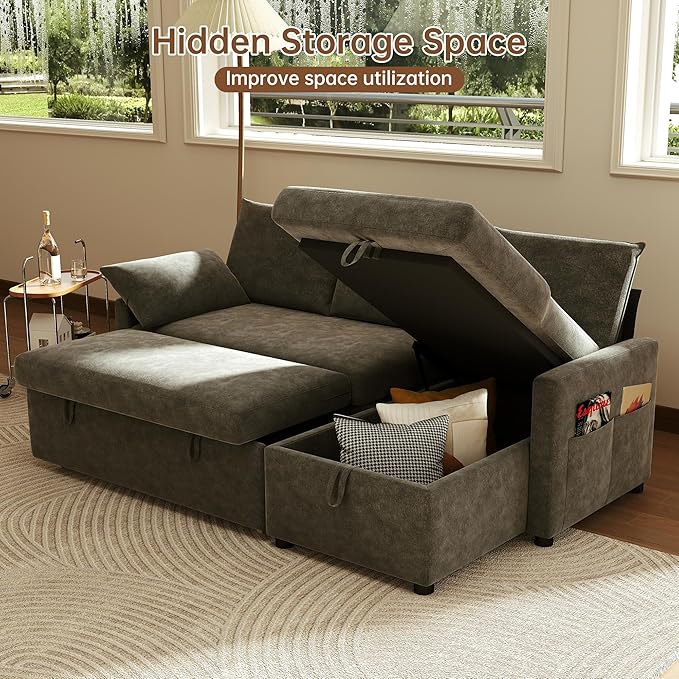Sofa Bed 80'' L Shape Chenille Sleeper Sofa Couch with Pull Out Bed and Storage Chaise for Living Room Apartment and Hotel Dark Gray
