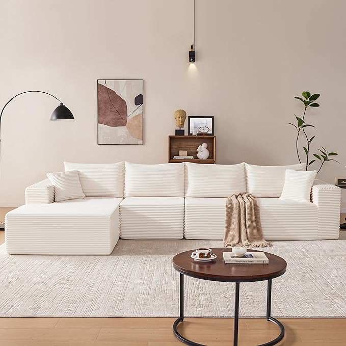 140” Cloud Sectional Couch Modular Sectional Sofa with Deep Seat Boneless Sofa for Living Room Fluffy Comfy L-Shaped Couch with Left Facing Chaise No Assembly Required Beige