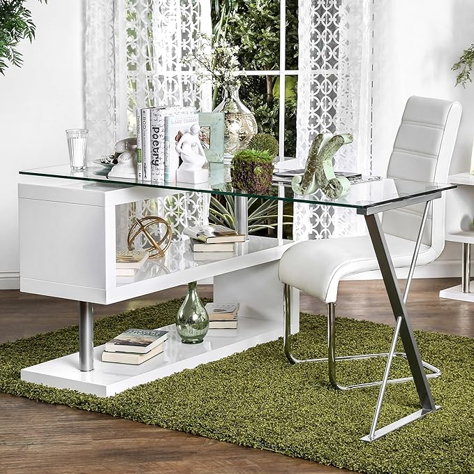 Furniture of America Lilliana Modern Swivel Glass Top S-Shaped Writing Desk for Home Office Studying Room White