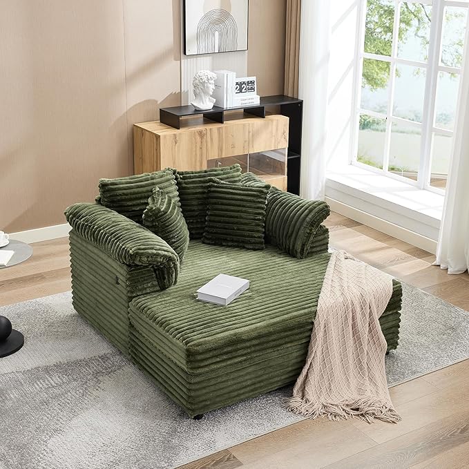Oversized Chaise Lounge Chair Indoor Upholstered Sofa Bed with Throw Pillows and Armrests Comfy Corduroy Sleeper Couch with Cup Holders and Charging Port for Living Room Bedroom 60 Inch Wide Green