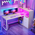 DWVO L Shaped Desk with Drawers 55 Corner Computer Desk with Bookshelf &amp Power Outlets &amp LED Lights Home Office Desk with Storage Shelves Oak &amp White
