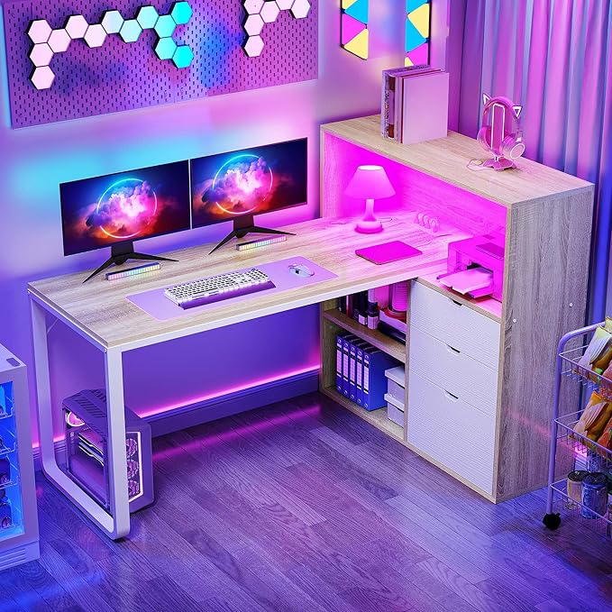 DWVO L Shaped Desk with Drawers 55 Corner Computer Desk with Bookshelf &amp Power Outlets &amp LED Lights Home Office Desk with Storage Shelves Oak &amp White
