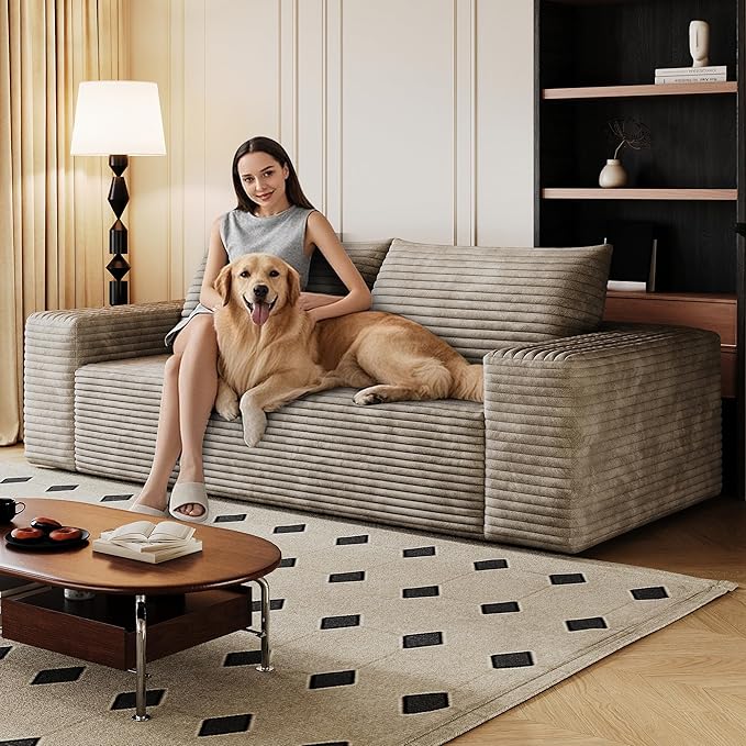 Modern Corduroy Loveseat Sofa2-Seater Cloud Couch with Memory Foam and Furry PillowsDeep Seat Small Sofa with Wide ArmrestsNo Assembly Couches in a Box for BedroomSmall Space (Camel63in)