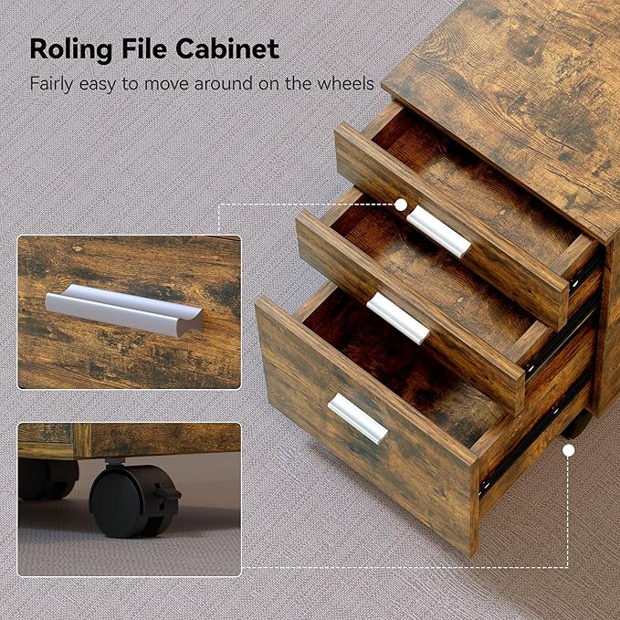 3 Drawer File Cabinet with WheelsPre-Assembled Brown Wood OrganizerFits A4/Letter Size for Home OfficeMobile Printer Stand Storage19 L x 16 W x 22 H