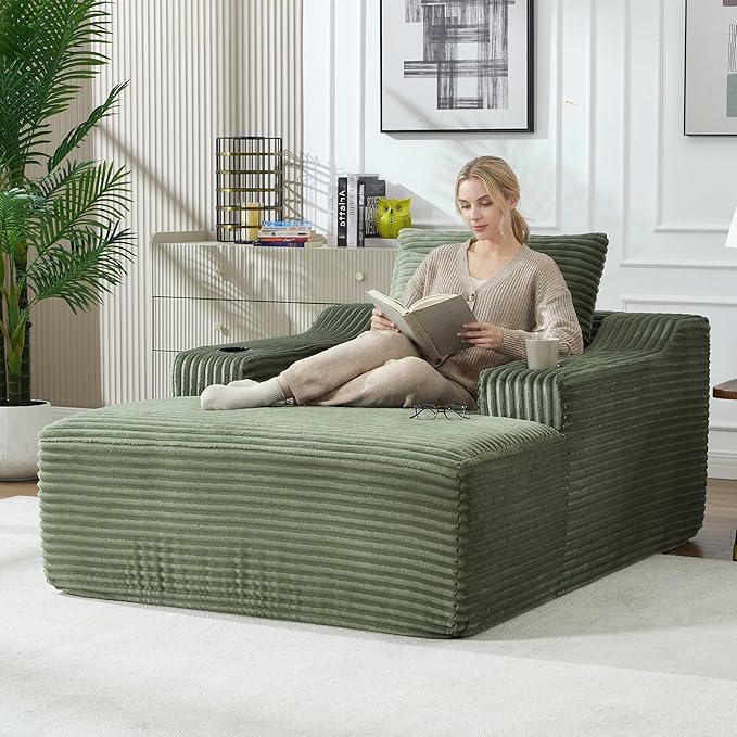 Boneless CouchComfy Fluffy Sofa BedUpholstered Sleeper Sofa Couch with Throw Pillows and ArmrestsCorduroy Plush Cloud Couches with Cup Holder Green