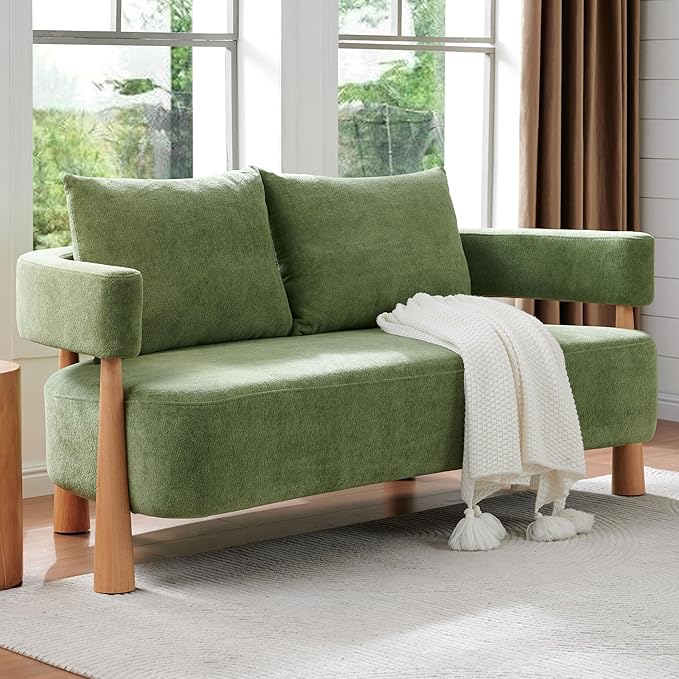 67 L Loveseat Sofa Mid Century Modern Sofa Couch with 2 Pillows Comfy Chenille Couches Upholstered Small Sofa for Living Room Bedroom Apartment &amp Office Easy Assembly Green