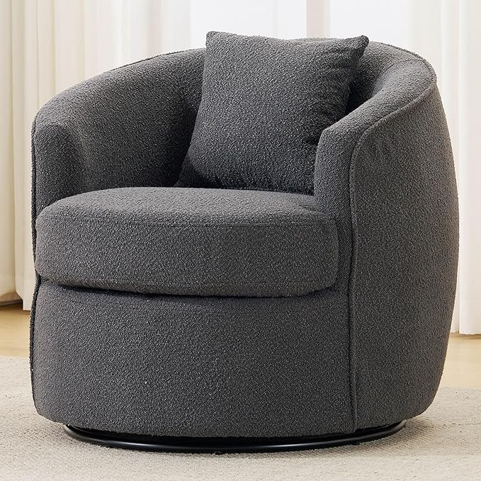 Swivel Barrel Chairs 32 Inches Wide No Assembly Round Upholstered Armchairs Accent Chairs Single Sofa Chair for Living Room (Dark Grey Set of 1)