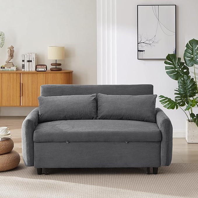 Merax 57.48 Loveseat Sofa Couch with Pull Out Bed 3 in 1 Convertible Corduroy Fabric Sleeper Sofa Bed with USB Ports and 2 Soft Pillows for Apartment Office Living Room (Drak Grey)
