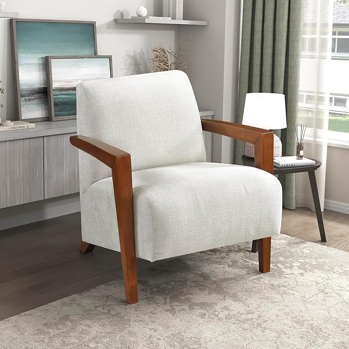 Lexicon Modern Accent Chair with Solid Wood Frame in Chestnut Finish Chenille Fabric Upholstered Living Room Lounge Arm Chair Thick and Comfy Innerspring Seat Cushion Beige