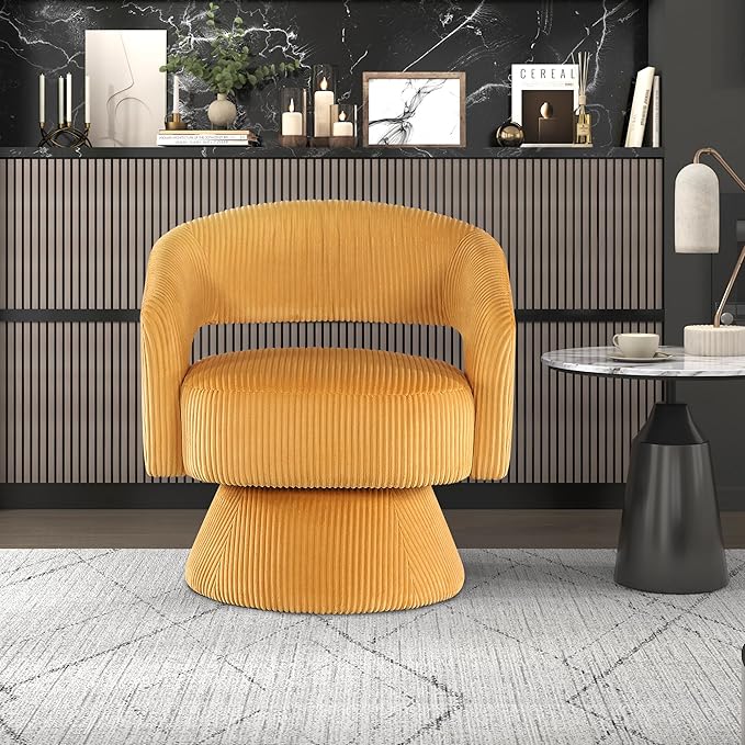 Lexicon 360 Degree Swivel Accent Chair Modern Comfy Corduroy Round Barrel Chair Open Back Plush Foam Cushions Metal Swivel Base for Living Room/Bedroom/Office Yellow