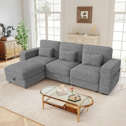 102 Convertible Sectional L-Shaped Sofa Couch with Storable OttomanDeep Seat Sofas for Living RoomBedroom Apartmentwith USB Type-C Ports and Pillow (ChenilleDark Gary)