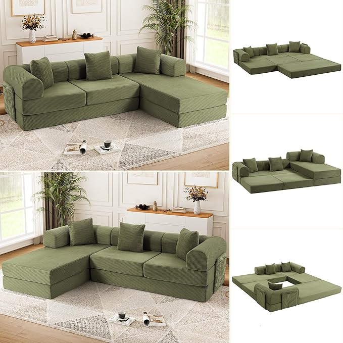 106.3 Oversized Convertible Sleeper Sofa Bed L Shape Modular Sectional Cloud Sofa with Fixed-Shape Frame Boneless Couch with Storage Pocket for Living Room No Assembly Required Green
