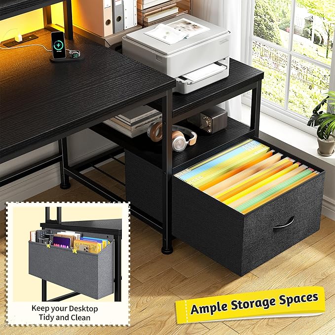 Gaming Desk with Monitor StandComputer Desk with LED Lights &ampPower OutletsOffice Desk with Drawers &amp Printer ShelfWriting Table with Side Storage Bag57 W x 20 D x 36 HBlack Desk