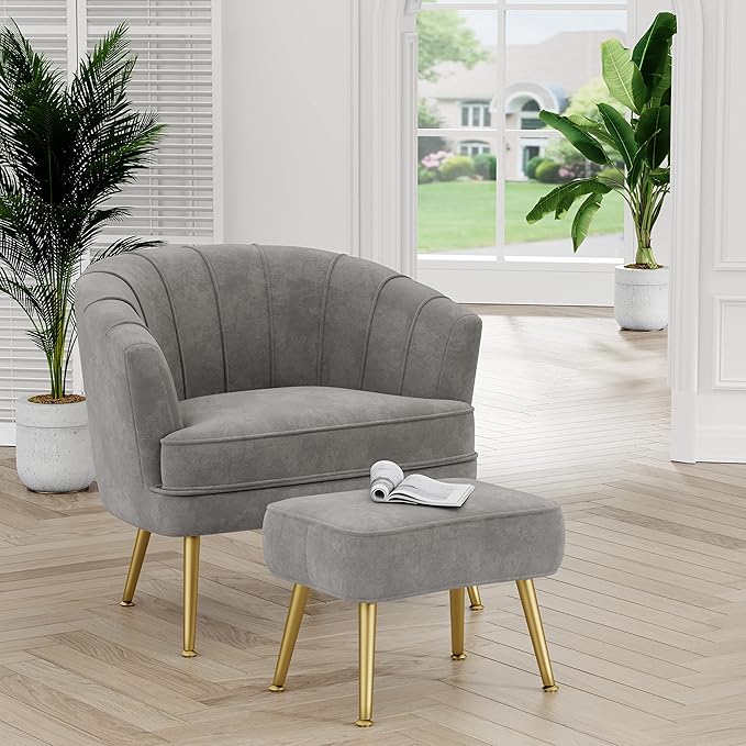 Andeworld Velvet Accent Chair with Ottoman Upholstered Modern Single Sofa Side ChairComfy Barrel Club Living Room Armchair with Golden Metal Legs for Bedroom Living Reading Room Office Grey