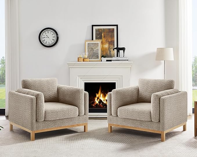 VANOMi 41.34 Oversized Accent Chair Set of 2 Chenille Armchair Living Room Chairs with Solid Wooden Legs Wide Armrest Pads Reading Chair for Bedrooms Apartments Offices（Camel）
