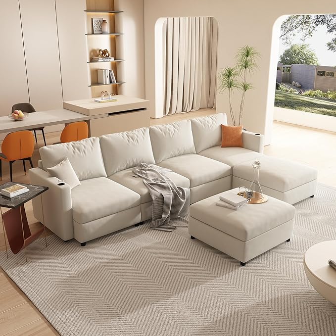 kevinplus 123'' Modular Sectional Sofa Couch with Storage Space &amp Ottoman for Living Room Modern Upholstered U-Shape Sectional Sofa Couch 4-Seat Free Combination Chenille Fabric Antique White