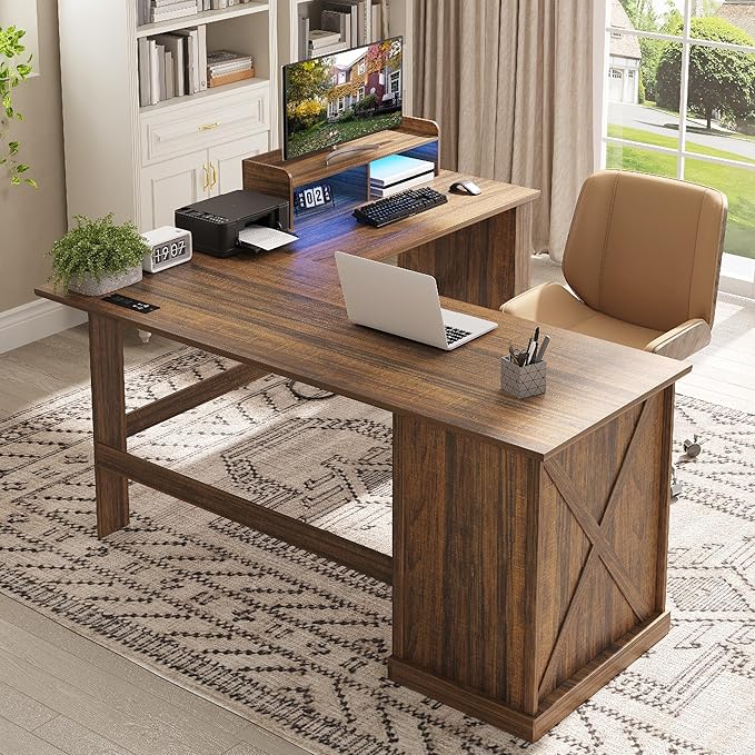 Executive L Shaped Desk with Monitor Stand 59 inch Farmhouse Corner Computer Desk with Power Outlets &amp LED Lights Home Office Desk with File Cabinet for Working Gaming Writing Dark Walnut