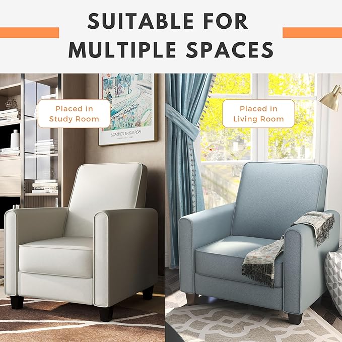 24/7 Shop at Home Mulvane Modern Recliner Chair with Push Back &amp Foot Rest Single Couch with Fabric Upholstered &amp Plastic Legs Sofa Reclinable Individual for Bedroom Living Room Home Offic