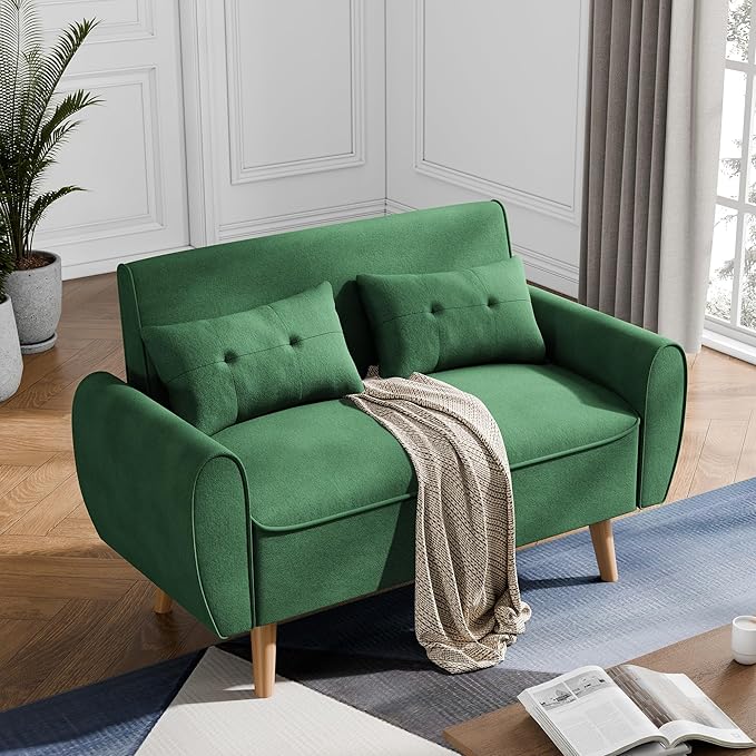 JAMFLY 47'' Small Loveseat Sofa 2 Seat Compact Couch with Tapered Legs Green Upholstered Furniture Solid Wood Frame Comfy Foam Cushion Easy Assembly for Small Spaces