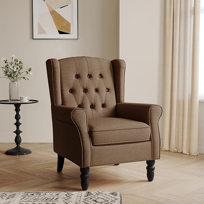 Accent Chairs Set of 2 High Back Upholstered Chair with Button Tufted Mid-Century Modern Comfy Wingback Chair Reading Armchair in Fabric for Living Room for Bedroom Office-Brown