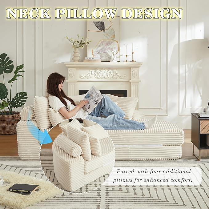 78.5 Beige Corduroy Boneless Right-Side Half Round Oversized Sofa Converts into Recliners Sofa Bed Convertible Lounge Chair Neck Pillow Design with Five Throw Pillows