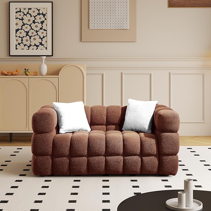 Modern Boucle Loveseat Couch for Living Room 61'' Sherpa Upholstered Sofa Couch Comfy Cloud Deep Seat Sofa Luxury Minimalist Plush Fluffy Couch for Small Apartment Office 2 Pillows Caramel