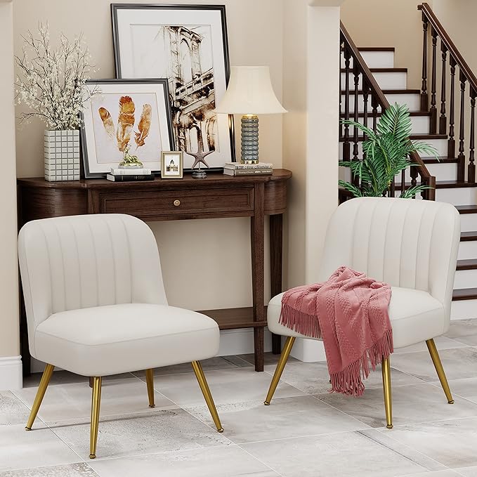 Andeworld Modern Accent Chair Set of 2 Upholstered Faux Suede Living Room Chairs Elegant Armless Cute Small Side Club Chair with Golden Legs for Bedroom-Beige