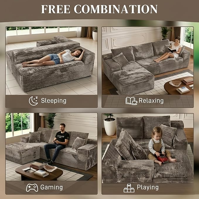 107 L-Shaped 6-Sea Modular Sectional Sofa Cloud Boneless Deep Seat Corduroy Couch with Right Facing Chaise Lounge Flexible Modular Design No Assembly for Living Room Brown