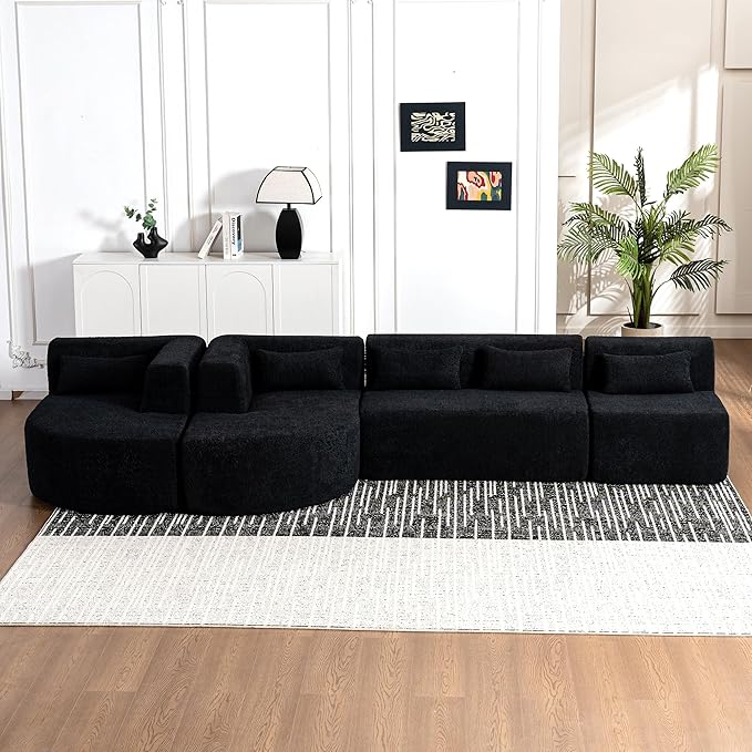 Modern 143.7 Upholstered Sectional SofaFree-Combined Sofa Couch with Two Chaise Lounge and Five Back Pillowsfor Living Room Bedroom (Black#4)