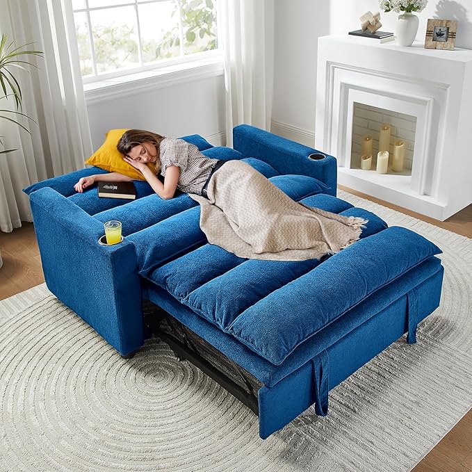 56.3 Convertible Sleeper Sofa Bed 3 in 1 Velvet Pull Out Loveseat Couch Modern Comfy Thick Cushion Futon with Adjustable Backrest &amp 2 Cup Holders Space Saving for Living Room Small Apartment B
