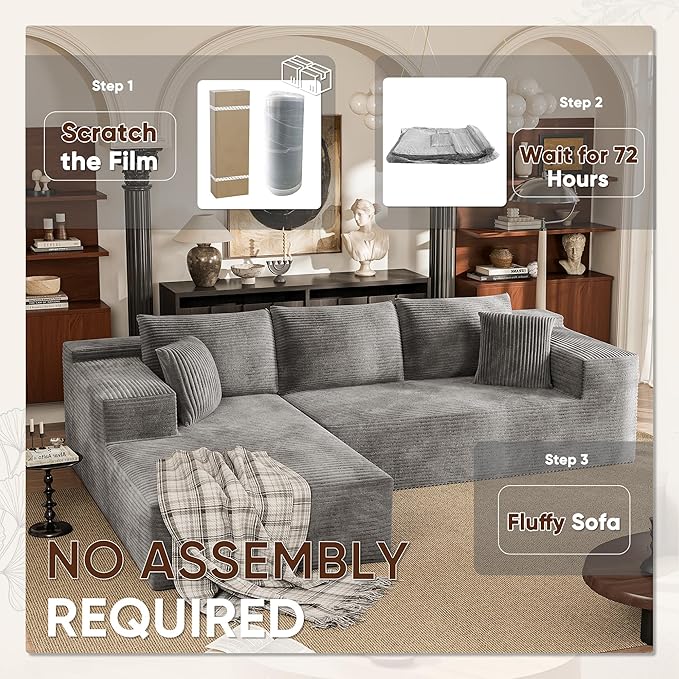 VICTONE 108” Cloud Sectional Couches Boneless Couch Modular L-Shaped Sofa with Deep Seat Modern Comfort Upholstered Sofas for Living Room No Assembly Required (Corduroy Grey)