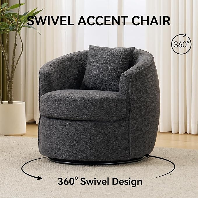 Swivel Accent Chair Modern Upholstered Boucle Barrel Arm Chairs with Pillow for Living Room 360 Degree Round Swivel Sherpa Armchair with Round Base for Bedroom Club (1 Dark Grey)