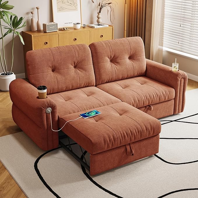 KEIKI 3 in 1 Sleeper Sofa Bed 80.4 Pull Out Couch Loveseat Sofa Futon Bed with USB Port for Living Room Bedroom Apartment Orange