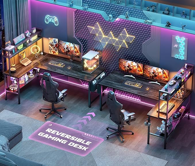 Aheaplus L Shaped Desk Gaming Desk 59 L Shaped Computer Desk with LED Light &amp Power Outlet Reversible Home Office Desk Gamer Desks with Shelves &amp Storage Bag &amp Hooks Corner PC Desk Bl