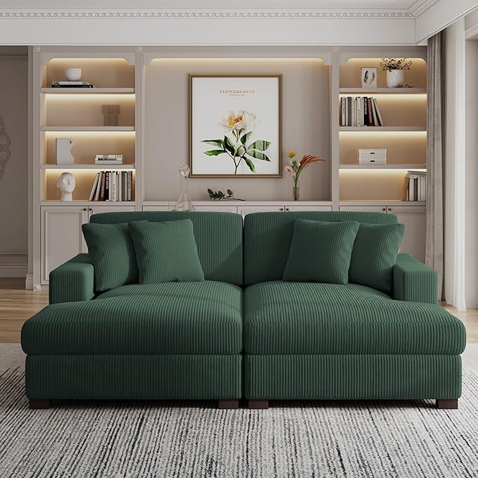 82.6 W Oversized Double Chaise Lounge Sofa Couch Comfy Corduroy Sleeper Sofa Bed with Deep Seat Modern Upholstered Cloud Couch with Pillows for Living Room Hunter Green