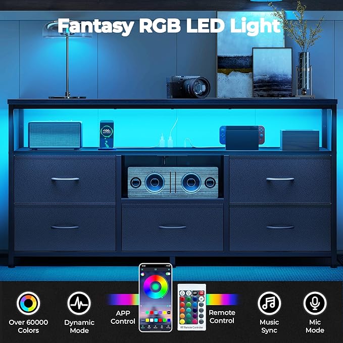 TV Stand for 55 Inch TV Entertainment Center with LED Lights &amp Power Outlets 5 Drawers Dresser for Bedroom with Open Storage Shelves Console Table for Living Room Bedroom Hallway